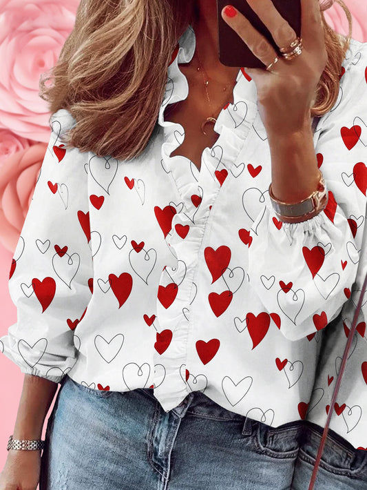 Valentine's Day Heart Print Ruffle V-Neck Blouse