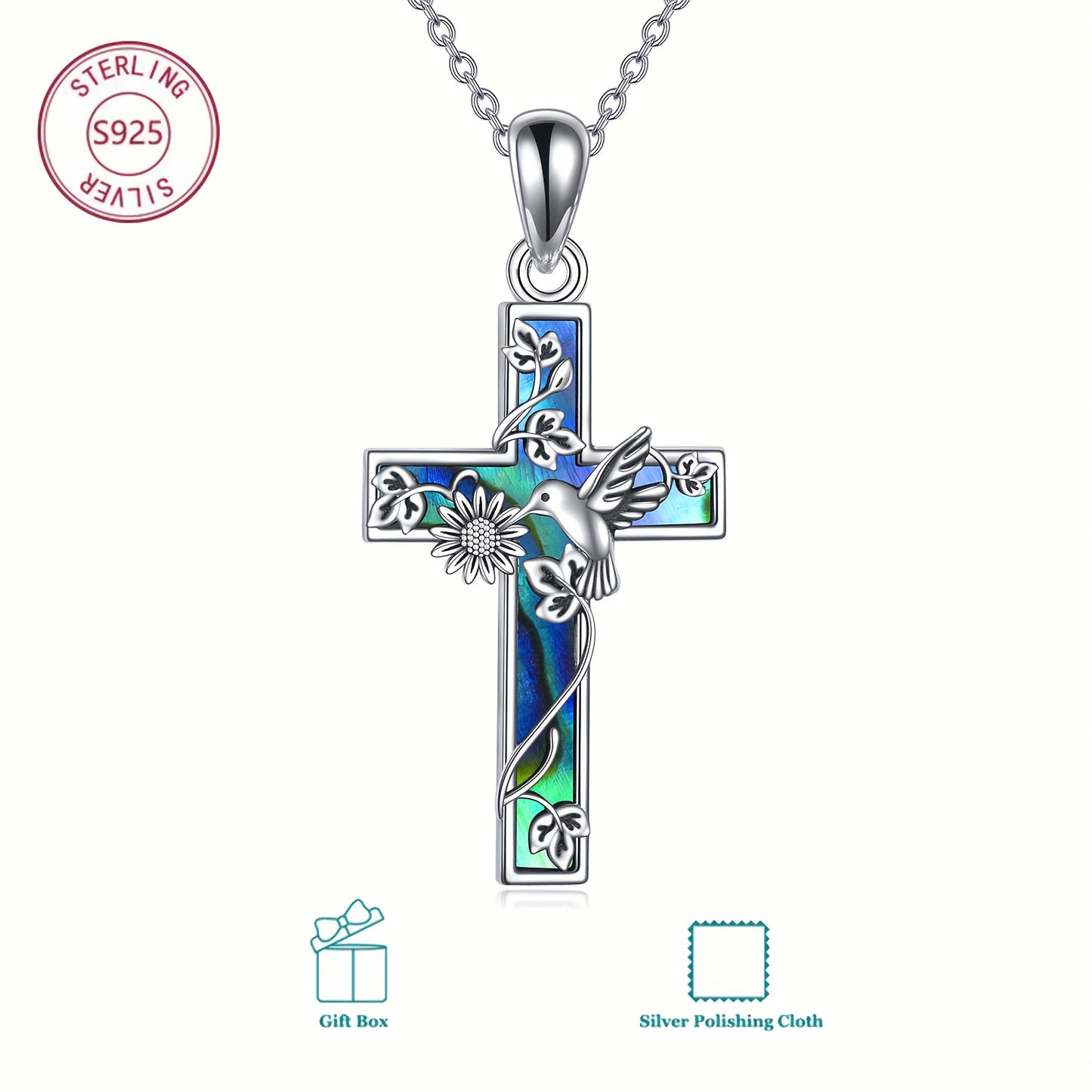 Sterling Silver Sunflower and Hummingbird Cross Pendant