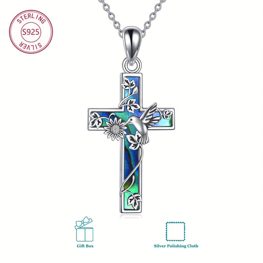 Sterling Silver Sunflower and Hummingbird Cross Pendant